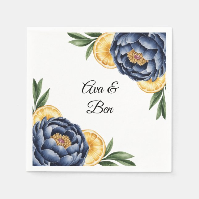 Navy Peony Citrus Watercolor Floral Wedding Napkin (Front)