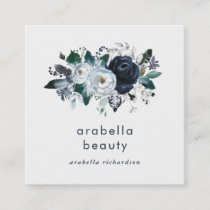 Navy Peony Floral   Social Media Icons Square Business Card