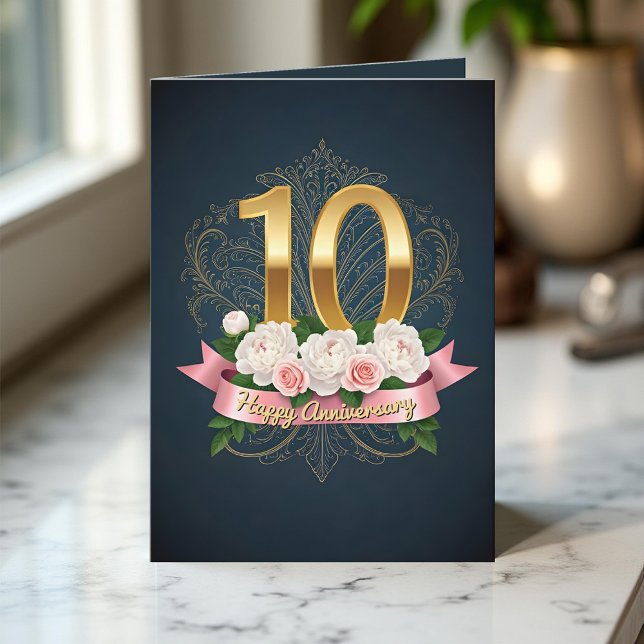 Navy Peony Rose Ribbon 10th Wedding Anniversary Card (Creator Uploaded)