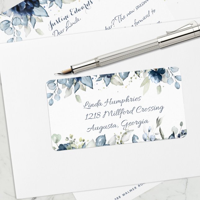 Navy Peony Silver Dusty Blue Eucalyptus Mailing Label (Creator Uploaded)