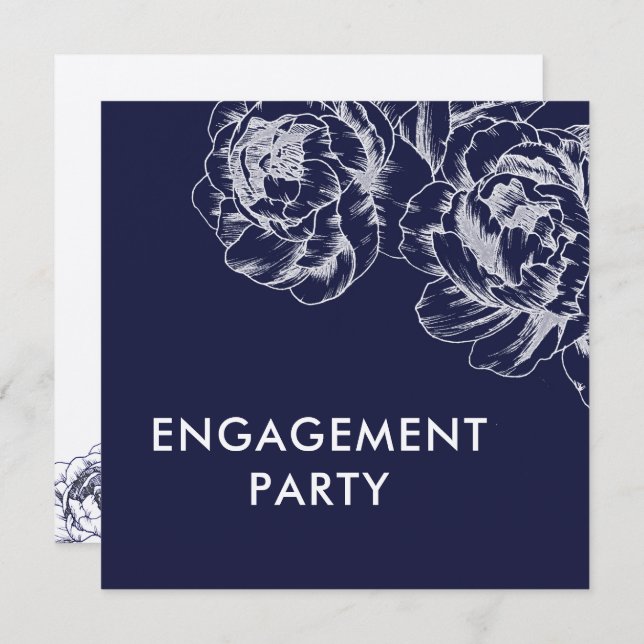 Navy Peony Simple Engagement Party Invitation (Front/Back)