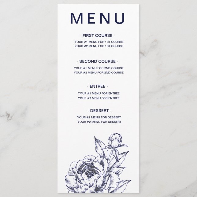 Navy Peony Simple Menu Card (Front)