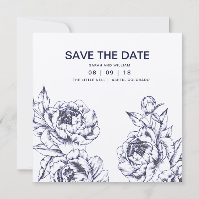 Navy Peony Simple Save the Date (Front)