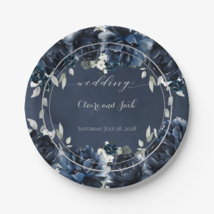 Navy Peony Wedding 7 Inch Luncheon Paper Plate