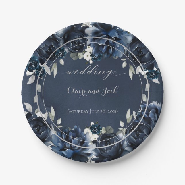 Navy Peony Wedding 7 Inch Luncheon Paper Plate (Front)