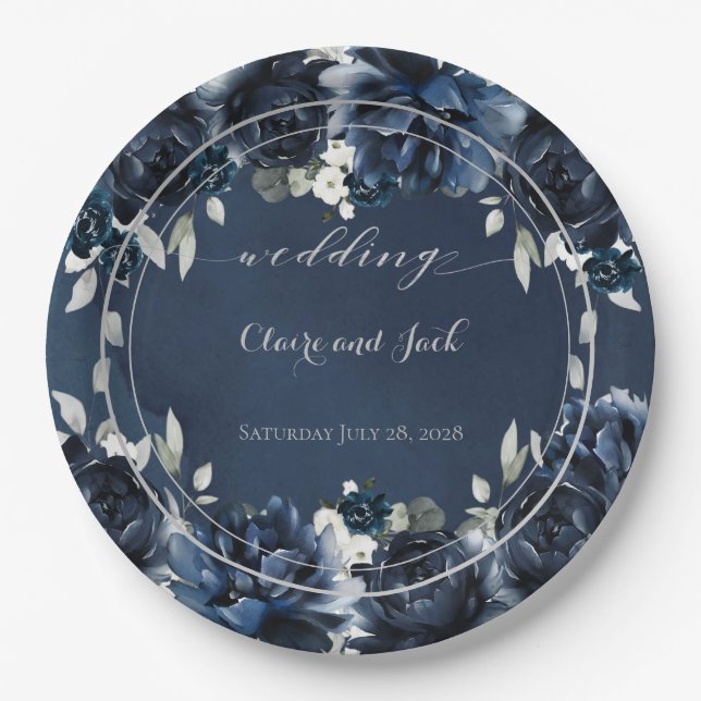 Navy Peony Wedding 9 Inch Dinner Paper Plate (Front)
