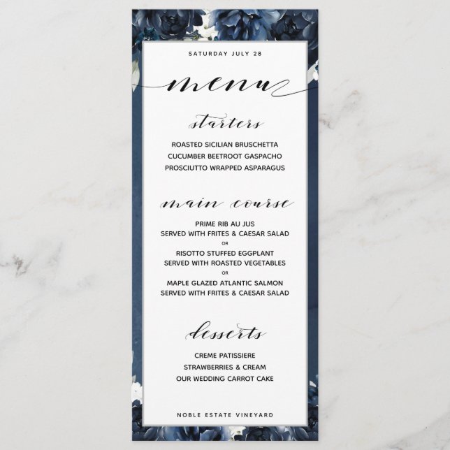 Navy Peony Wedding Customisable Dinner Menu (Front)