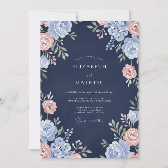 Navy Periwinkle Petal Wedding Invitation (Front)