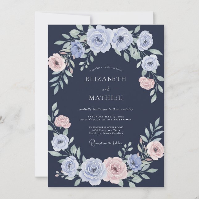 Navy Periwinkle Ranunculus Eucalyptus Wedding Invitation (Front)
