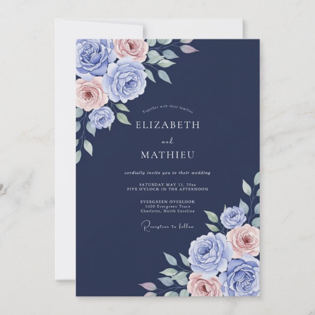 Navy Periwinkle Rose Wedding Invitation (Front)
