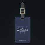 Navy Personalise Groomsmen's name and Monogram  Luggage Tag<br><div class="desc">Add a personal touch to your wedding with personalised groomsmen luggage tag. This luggage tag features personalised groomsman's name in white classic script font style with wedding details in white classic serif font style and monogram in light navy blue classic serif font style as background, on navy blue background. Also...</div>
