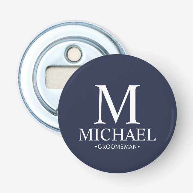 Navy Personalised Groomsman Name and Monogram Bottle Opener (Front)