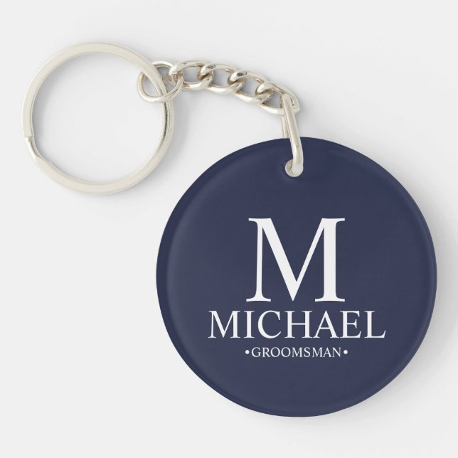 Navy Personalised Groomsman Name&Monogram Key Ring (Front)