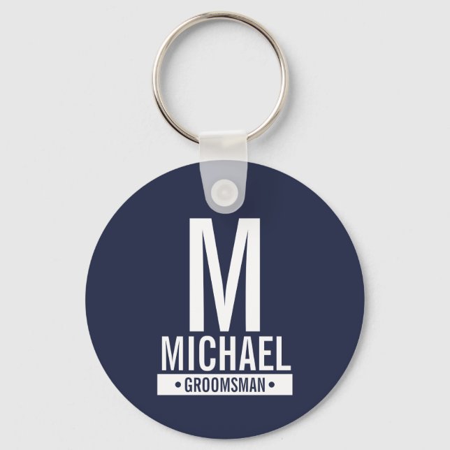 Navy Personalised Groomsman's Monogram and Name Key Ring (Front)