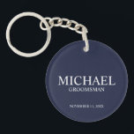 Navy Personalised Groomsman's Name and Monogram Key Ring<br><div class="desc">Modern Personalised Groomsman Gifts
featuring personalised groomsman's name,  title and wedding date in white classic serif font style on navy blue background.

Also perfect for Best Man,  Father of the Bride and more.</div>