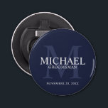 Navy Personalised Groomsmen's name and monogram Bottle Opener<br><div class="desc">Add a personal touch to your wedding with personalised groomsmen bottle opener. This bottle opener features personalised groomsman's name with title and wedding date in white and monogram in light navy blue as background, in classic serif font style, on navy blue background. Also perfect for best man, father of the...</div>