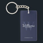 Navy Personalised Groomsmen's name and Monogram  Key Ring<br><div class="desc">Add a personal touch to your wedding with personalised groomsmen keychain. This keychain features personalised groomsman's name in white classic script font style with wedding details in white classic serif font style and monogram in light navy blue classic serif font style as background, on navy blue background. Also perfect for...</div>