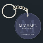 Navy Personalised Groomsmen's name and monogram Key Ring<br><div class="desc">Add a personal touch to your wedding with personalised groomsmen keychain. This keychain features personalised groomsman's name with title and wedding date in white and monogram in light navy blue as background, in classic serif font style, on navy blue background. Also perfect for best man, father of the bride, ring...</div>