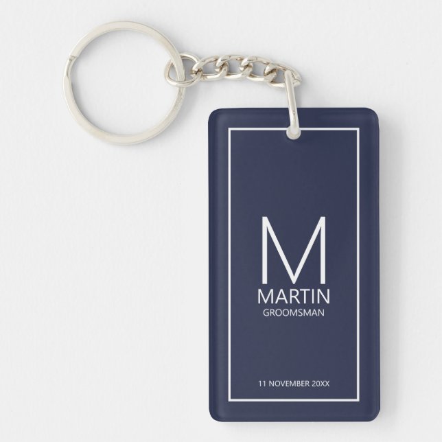 Navy Personalised Monogram and Name Groomsmen Key Ring (Front)