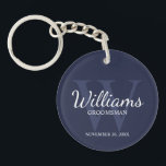 Navy Personalised Script Groomsmen name&Monogram  Key Ring<br><div class="desc">Add a personal touch to your wedding with personalised groomsmen keychain. This keychain features personalised groomsman's name in white classic script font style with wedding details in white classic serif font style and monogram in light navy blue classic serif font style as background, on navy blue background. Also perfect for...</div>