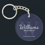 Navy Personalised Script Groomsmen name&Monogram  Key Ring<br><div class="desc">Add a personal touch to your wedding with personalised groomsmen keychain. This keychain features personalised groomsman's name in white classic script font style with wedding details in white classic serif font style and monogram in light navy blue classic serif font style as background, on navy blue background. Also perfect for...</div>