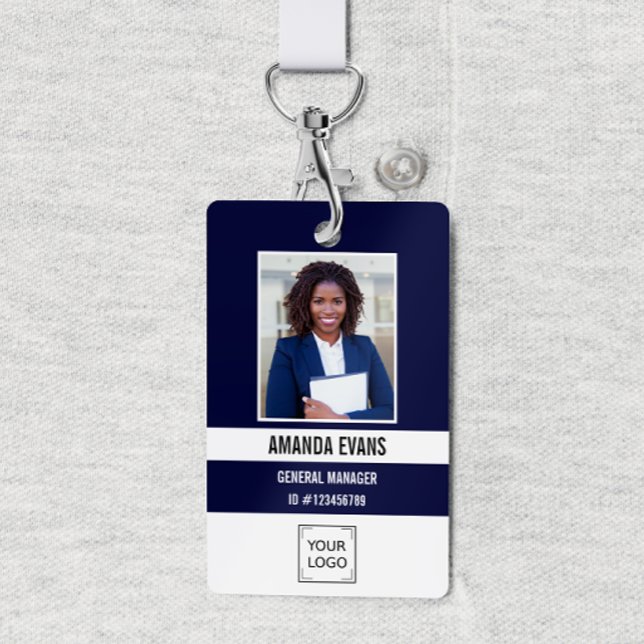 Navy | Photo Employee Logo or QR CODE Security ID Badge (Professional Identification Badge with Photo and corporate Logo or QR CODE)
