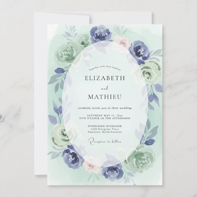 Navy Picturesque Botanical Wedding Invitation (Front)