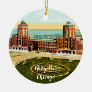 Navy Pier Chicago 1920's Watercolor Art Windy City Ceramic Tree Decoration
