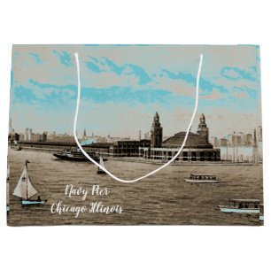 Navy Pier From Lake  Chicago 1920's Watercolor Art Large Gift Bag
