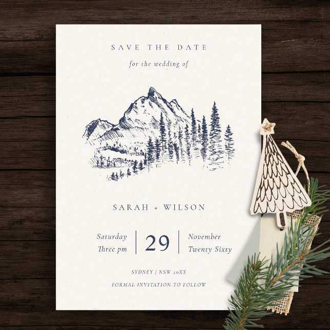 Navy Pine Mountain Sketch Save The Date Card (Creator Uploaded)