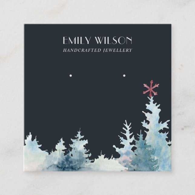 NAVY PINE TREE WINTER FOREST STUD EARRING DISPLAY SQUARE BUSINESS CARD (Front)