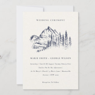 Navy Pine Woods Mountain Sketch Wedding Invite