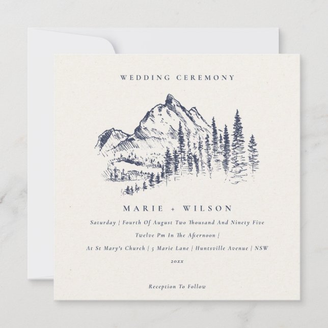 Navy Pine Woods Mountain Sketch Wedding Invite (Front)