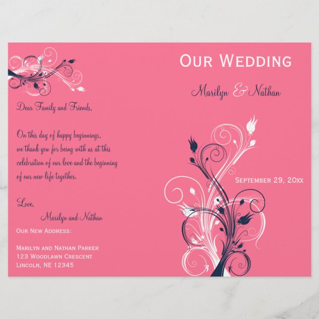 Navy, Pink, and White Floral Wedding Program (Front)