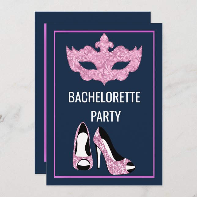 NAVY PINK BACHELORETTE HEELS MASQUERADE PARTY INVITATION (Front/Back)