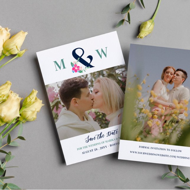 Navy Pink Beautiful Floral Ampersand Photo Save The Date (Creator Uploaded)