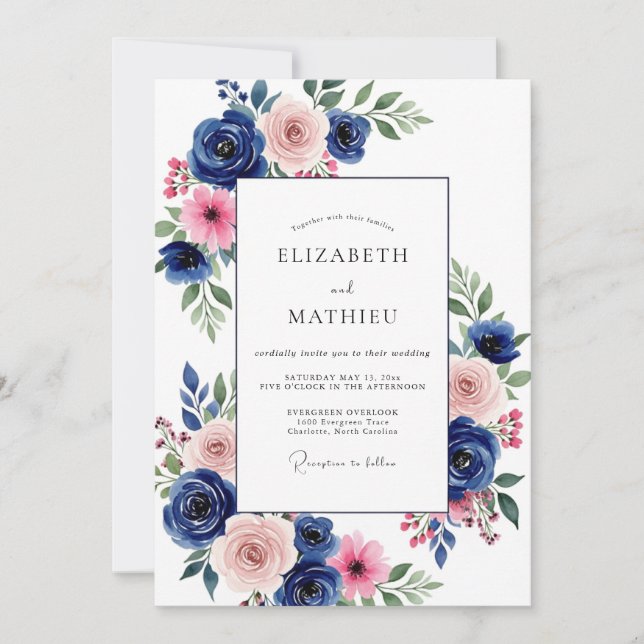 Navy Pink Bloom Wedding Invitation (Front)