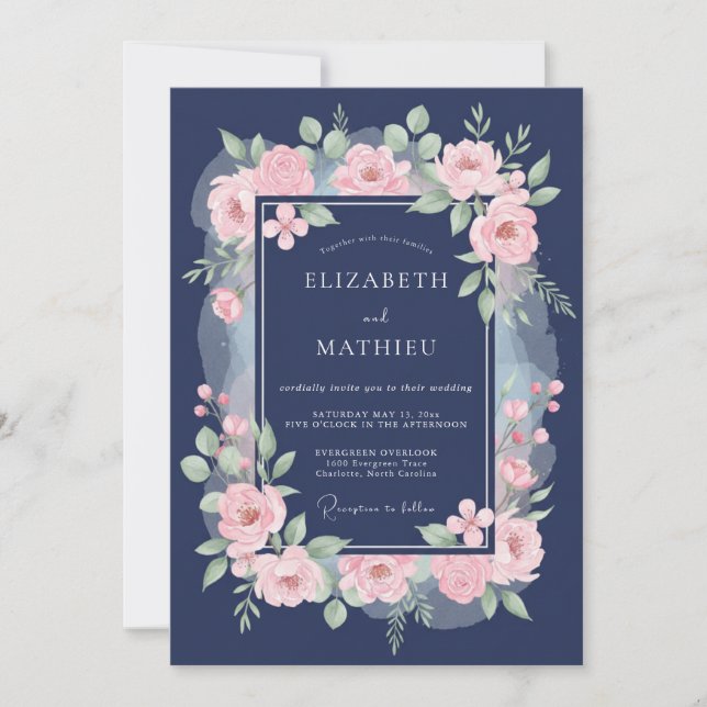 Navy Pink Blossom Wedding Invitation (Front)