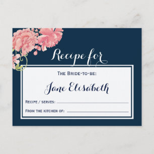 Navy pink blush floral bride to be recipe card