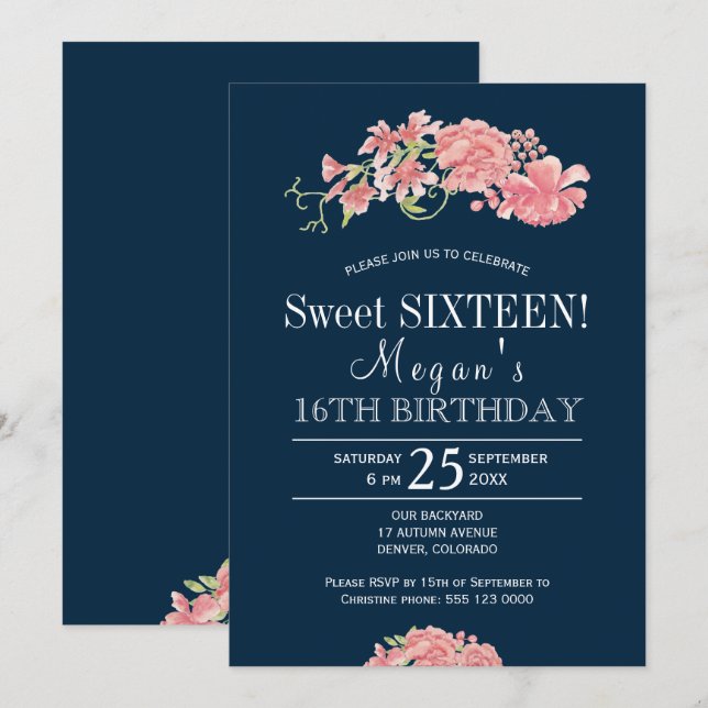 Navy pink blush peonies chic floral sweet sixteen invitation (Front/Back)