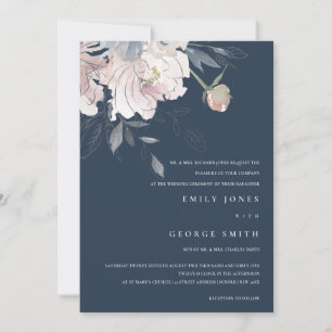 NAVY PINK BLUSH WATERCOLOR FLORAL WEDDING INVITE