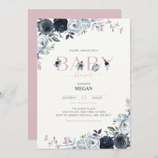Navy & Pink Boho Floral Girl Baby Shower Invitation (Front/Back)