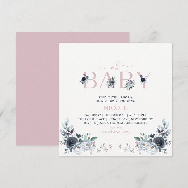 Navy & Pink Boho Floral Girl Baby Shower Square Invitation (Front/Back)