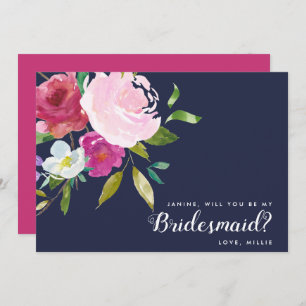 Navy & Pink Bold Floral Will You Be My Bridesmaid Invitation