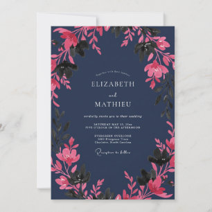 Navy Pink Botanical Watercolor Wedding Invitation
