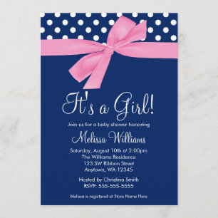 Navy Pink Bow Polka Dot Baby Shower Invitations