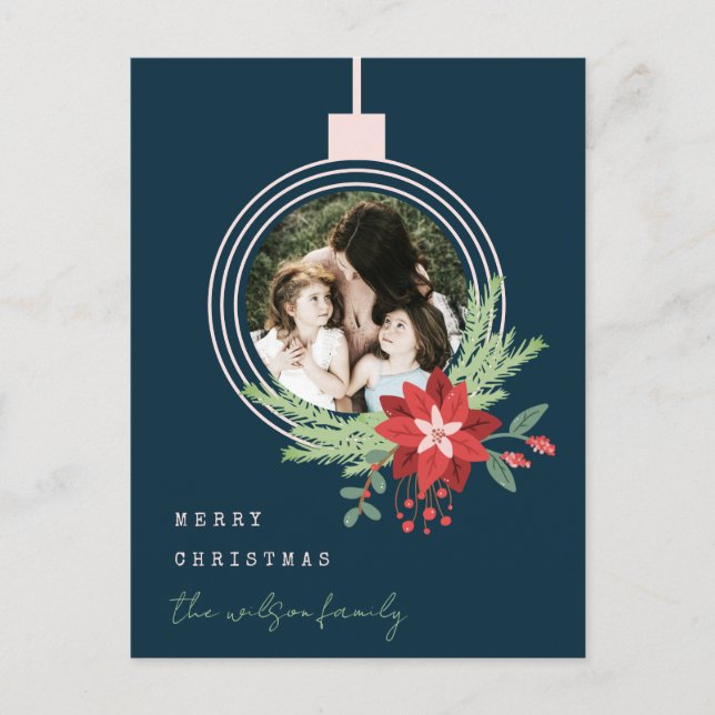 Navy Pink Christmas Ornament Photo Poinsettia Holiday Postcard (Front)