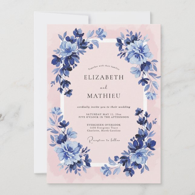 Navy Pink Elegant Classic Wedding Invitation (Front)