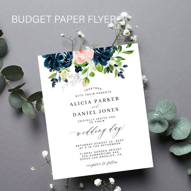 Navy pink elegant floral budget wedding invitation flyer (Creator Uploaded)