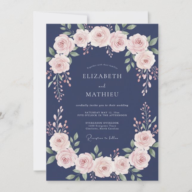 Navy Pink Exquisite Floral Wedding Invitation (Front)